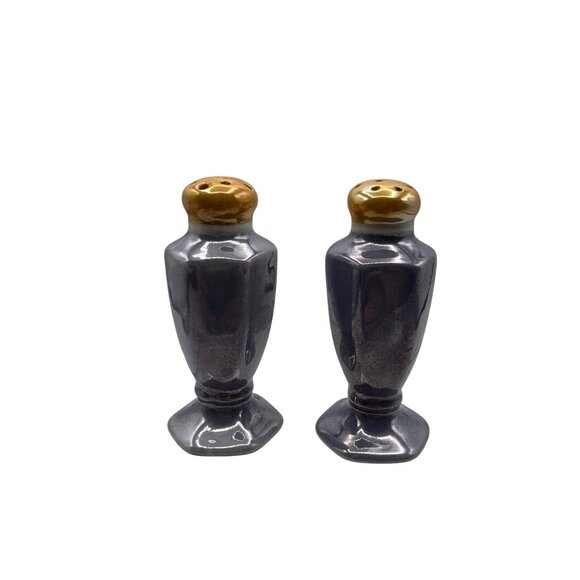 Vintage Japanese Metallic Purple Salt & Pepper Shakers With Gold Tops Art Deco - Picture 3 of 4